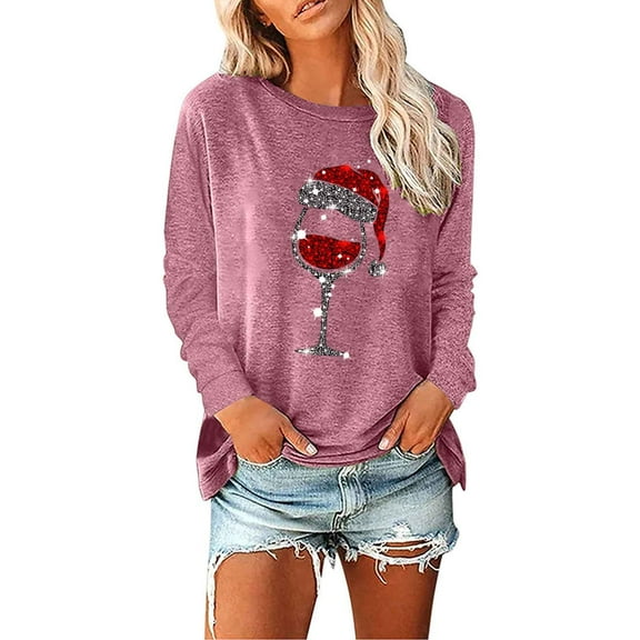 Black_Friday Cyber_Monday Deals Dianli Christmas Tops for Women Long Sleeve Round Neck Xmas Wine Glass Print Christmas Tops Fashion Loose Fit Casual Tops Cozy Christmas Sweater