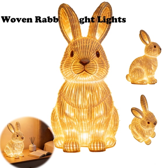 Easter Bunny Night Light, Easter Bunny LED Table Lamp, 6.3 Inch Rattan-Woven Rabbit Night Light, Warm White LED Decor for Bedroom Living Room Easter Holiday Tabletop Ornament Decorations
