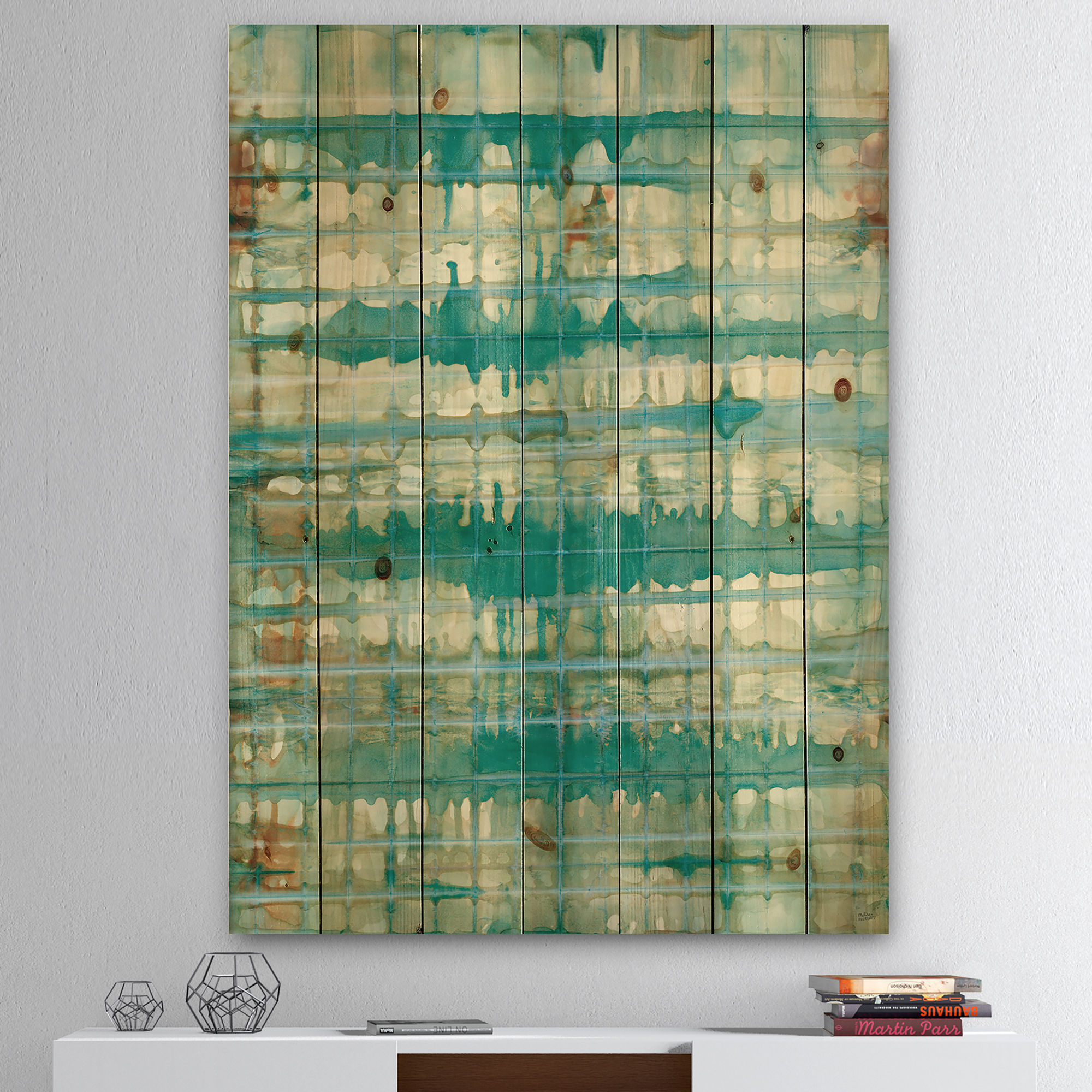 Designart 'Turquoise Watercolor Geometrical Pattern VIII' Modern & Transitional Print on Natural Pine Wood