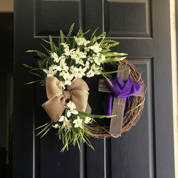 Tarmeek Easter Wreath Door Hanging Decoration with Cross, Easter Wreath for Front Door Bouquet Garland for Front Door Decor, Simulation Plant Flower Link Day Decorations Grape Vines Wreath