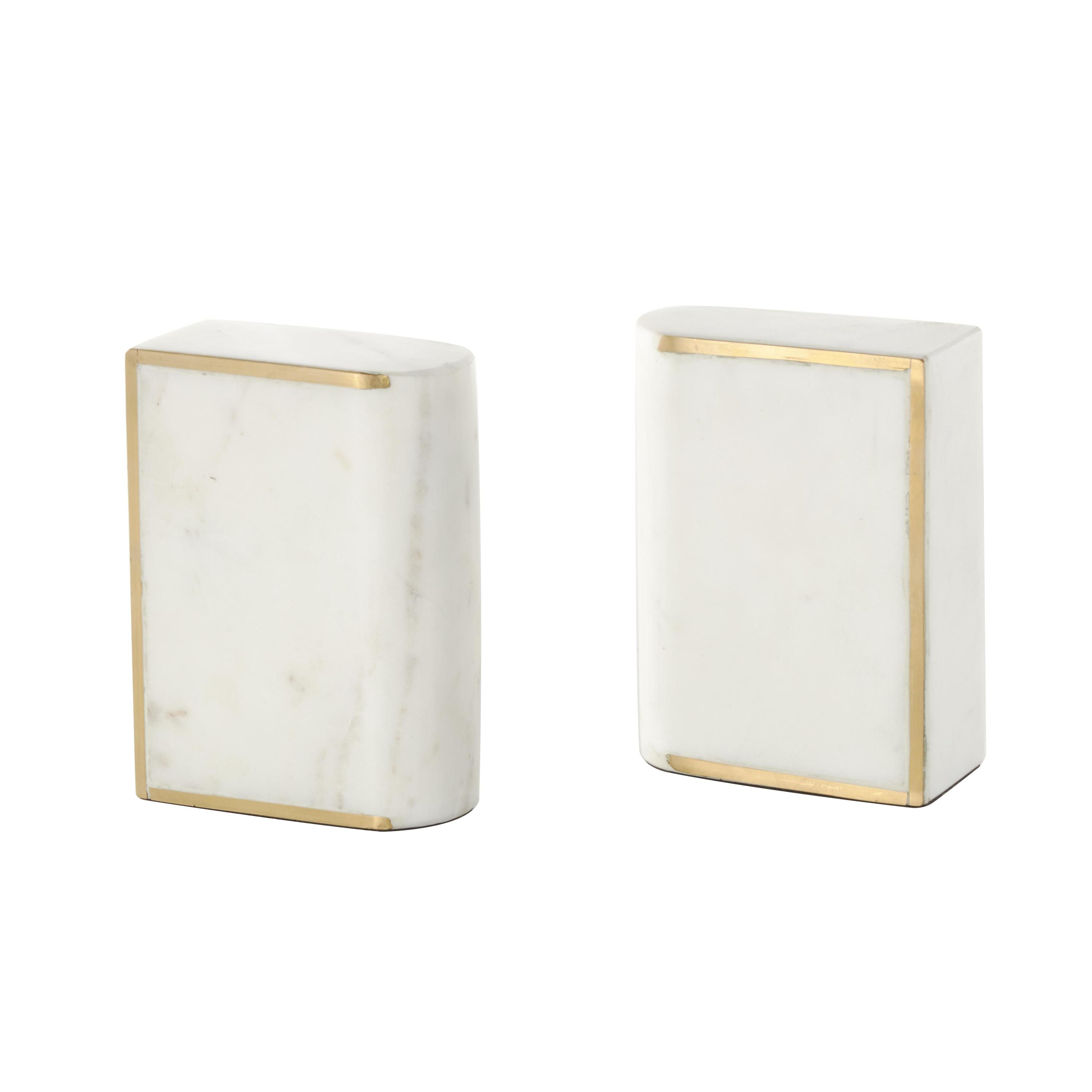 DecMode 4" Curved Rectangular White Marble Bookends with Gold Accents (Set of 2)