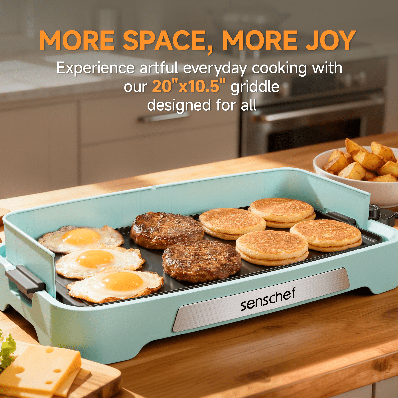 SENSCHEF Cleansnap Everyday 20 inch Electric Griddle, 1700W Rapid Heating, Foldable Anti-Mess Shield, PPG Ceramic Nonstick, Dishwasher Safe, Sage Blue