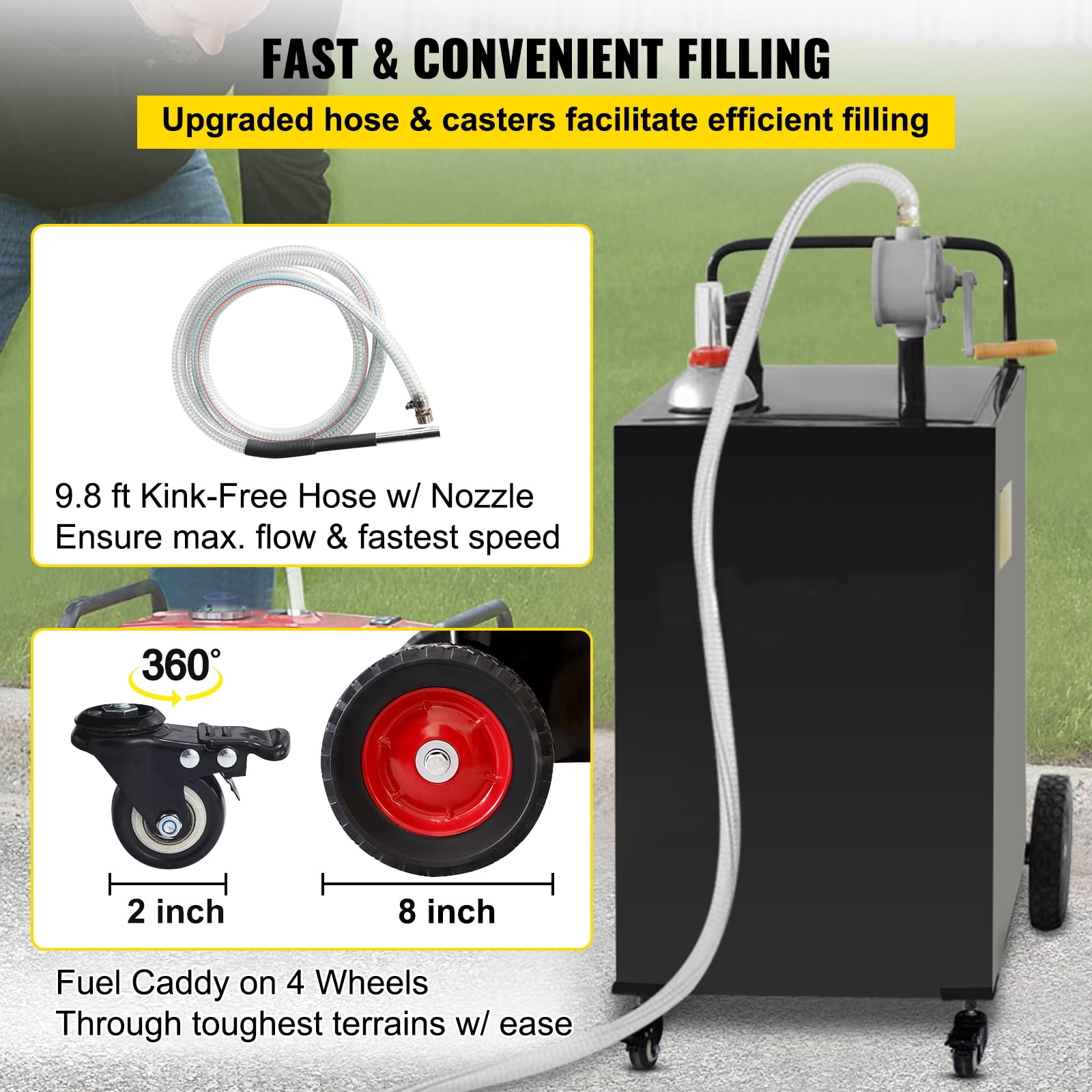 KFFKFF 30 Gallon Fuel Storage, Mobile Gas Tank & Quad Wheels, Equipped with Manual Transfer Pump, Petrol Diesel Fuel Holder for Vehicles, Lawn Equipment, ATVs, Marine Vessels, and More, in Black