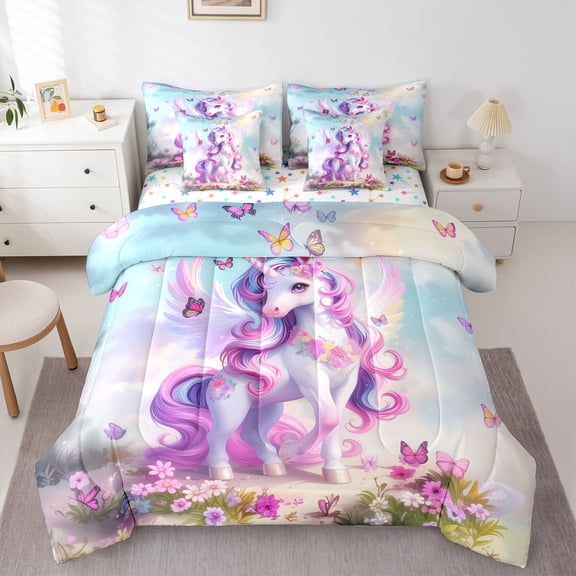 Erosebridal Cartoon Animal Unicorn Butterflies Twin Bedding Sets 7-Piece For Kids,Cute Princess Flowers Magical Horse Bedding Comforter Set For Boys Girls,Breathable Home Decor