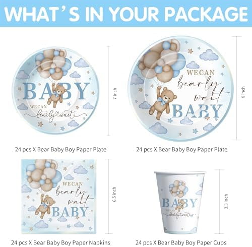 Bear Baby Shower Decorations Boy Tableware - Blue Bear We Can Bearly Wait Baby Shower Decorations Party Supplies, Paper Plate, Napkin, Cup, Cutlery, Tablecloth, 24 Guests$$