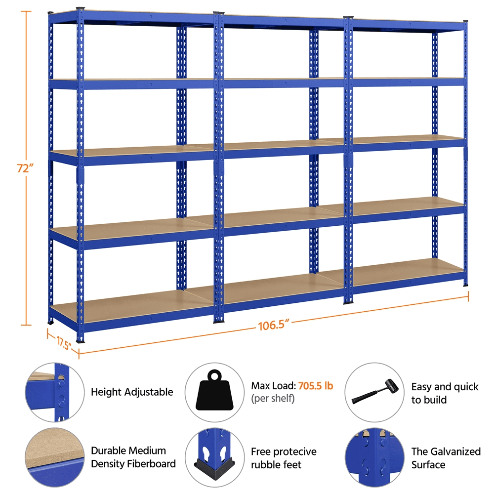 Yaheetech 3 Pieces of 5 Tiers Boltless Adjustable Metal Storage Shelving Units, Blue