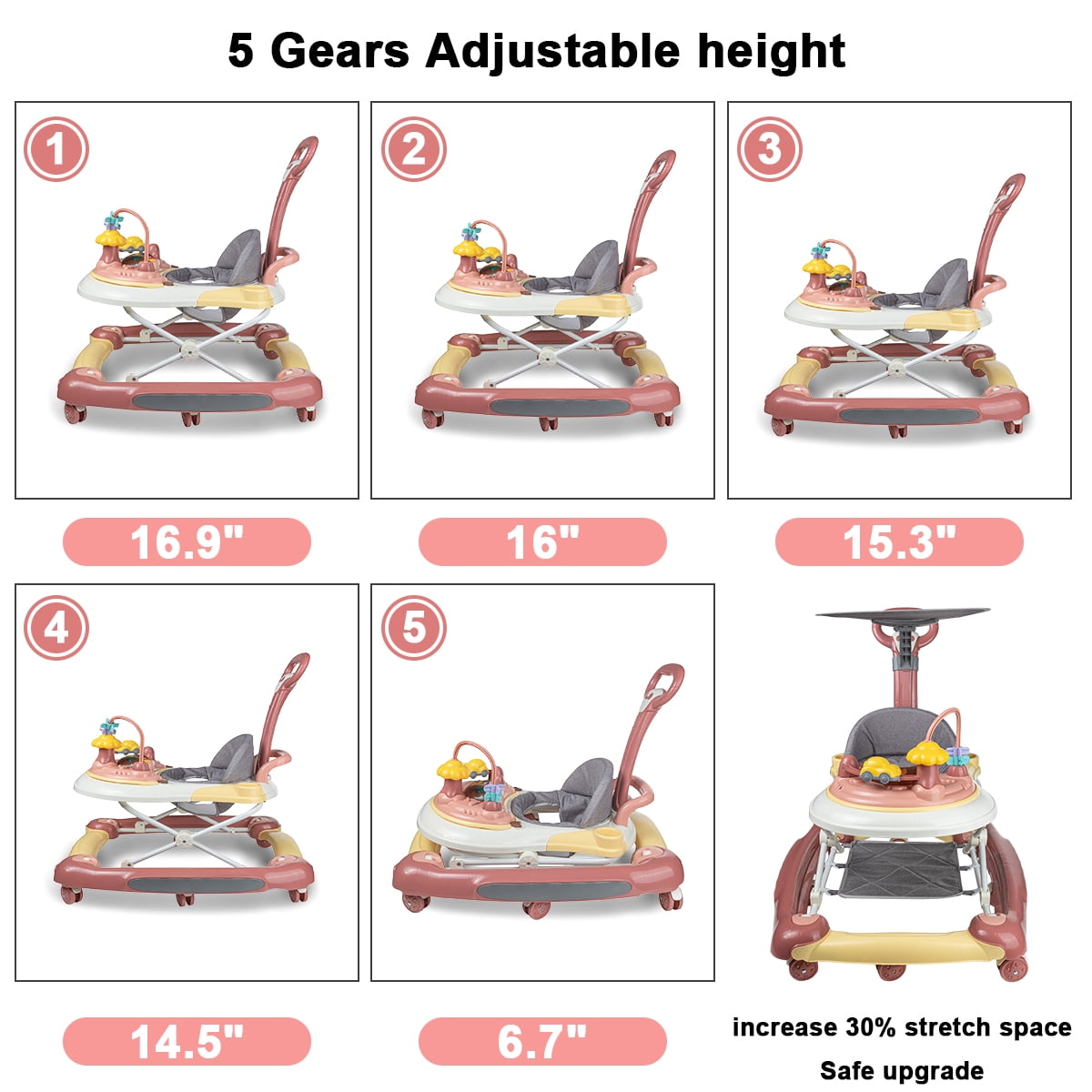 FACNOATIHN 5-in-1 Baby Walker, Musical Activity Push Walker with Detachable Awning Footrest, Adjustable Height, Pink