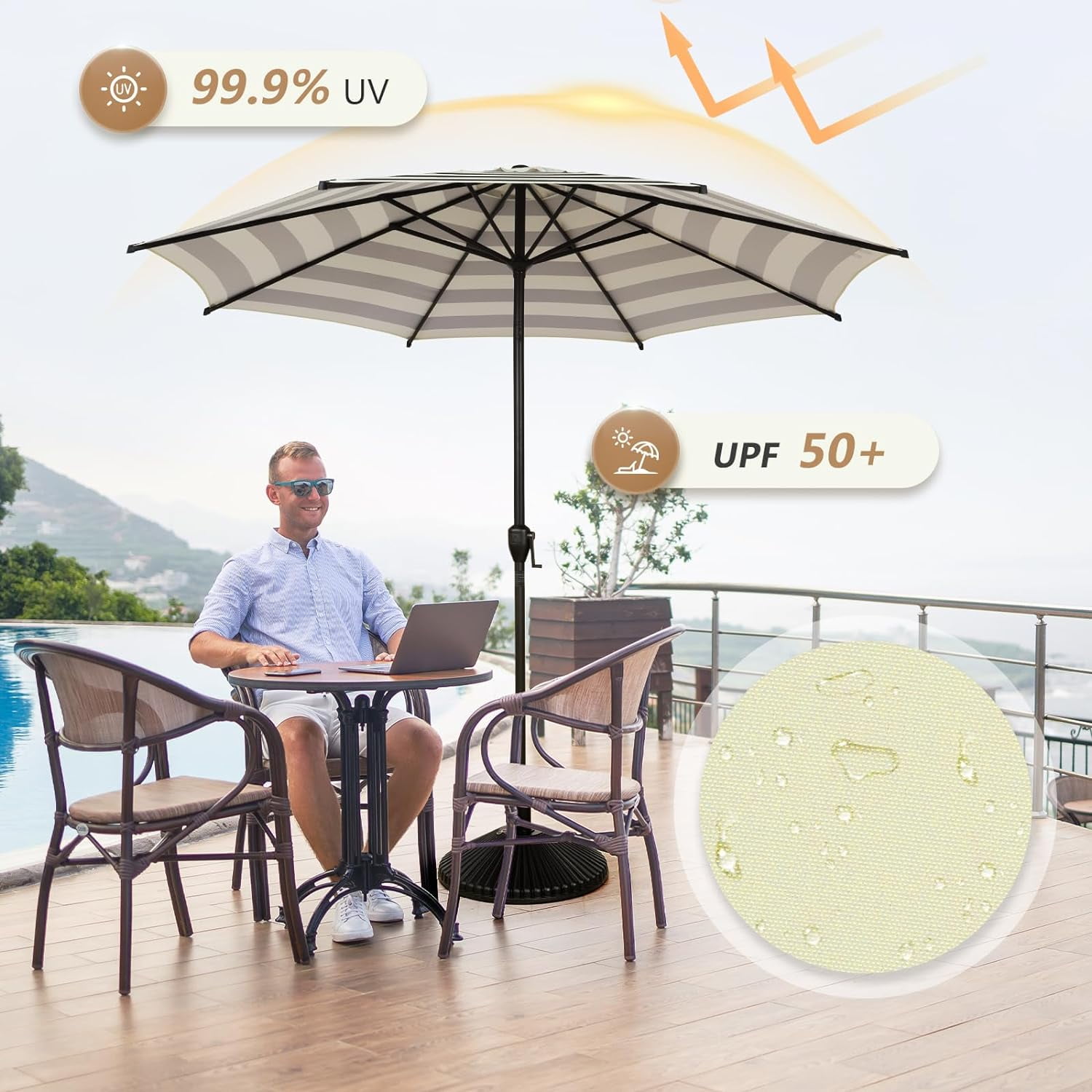 Abba Patio 9ft Outdoor Patio Umbrella, Push Button Tilt and Crank, 8 Ribs, Black & Cream Stripe