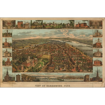 24"x36" Gallery Poster, birdseye view map of Harrisburg, Penn. 1855