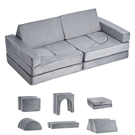 Modular Play Couch Set, 14-Piece Convertible Sofa with Soft Foam&Fabric, Toddler Playroom Furniture for Indoor Play, Gray
