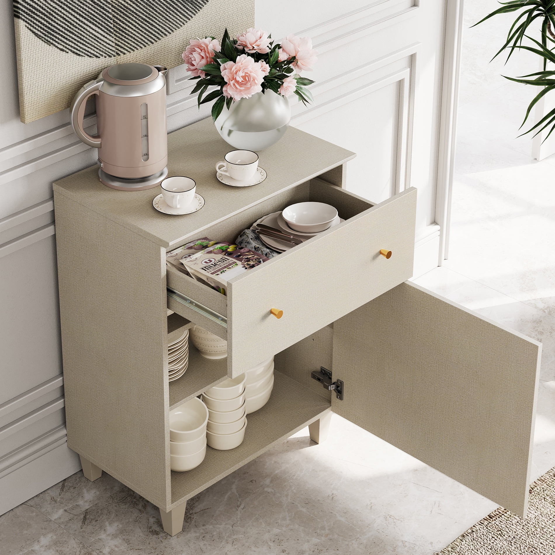 Buffet Storage Cabinet with 3 Drawers and 3 Adjustable Shelves, 71" Wide, Beige Linen Printed Finish, 3 Pack