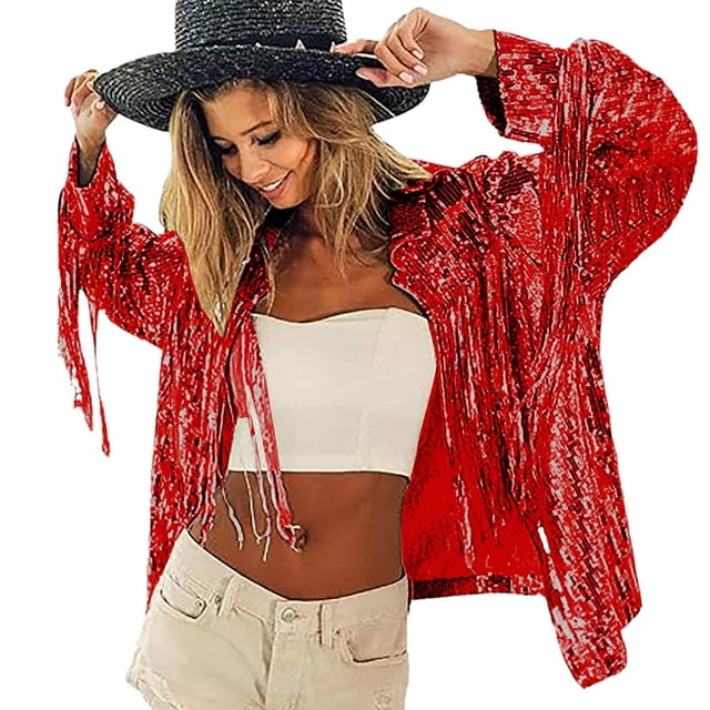 Tops de Manga Larga de las Mujeres Casual Color Sólido Suelto Lentejuelas Fringe Top Blazer para el Ocio Diario