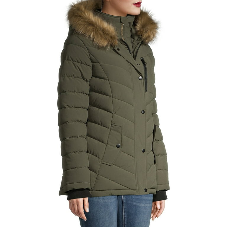 Swiss Tech Women's Bibbed Solarball Puffer Coat with Faux Fur Trimmed Hood