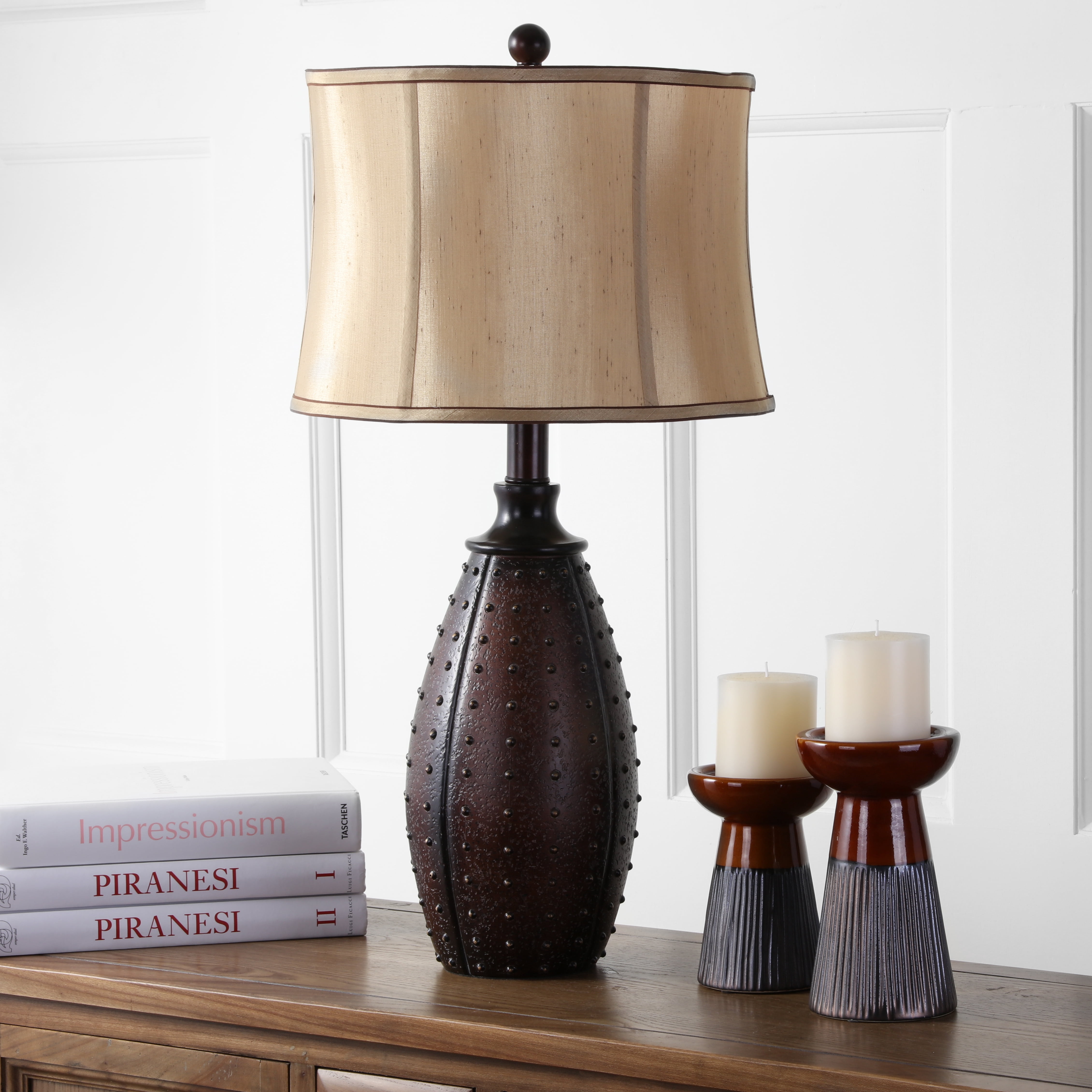 SAFAVIEH Santa 28 in. Brown Resin Table Lamp with Beige Polyester Shade, Set of 2