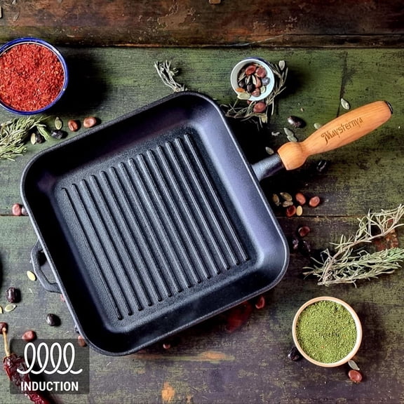 Maysternya Cast Iron Square Grill Pan with Wooden Handle 11x11" (28x28 cm) Induction Grill Pan Cast Iron Skillet Cooking Pan Kitchen Pan Cookware Frypan Camping Indoor and Outdoor Cooking, Black