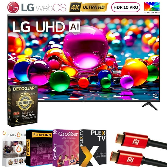 LG 65UA7700PUB 65 Inch UA77 LED AI 4K UHD Smart webOS TV (2025) Bundle with Premiere Movies Streaming, 6Ft HDMI Cable & Deco Gear CPS Exclusive 26 Month Protection Pack (BEACH-CPS-26M750)