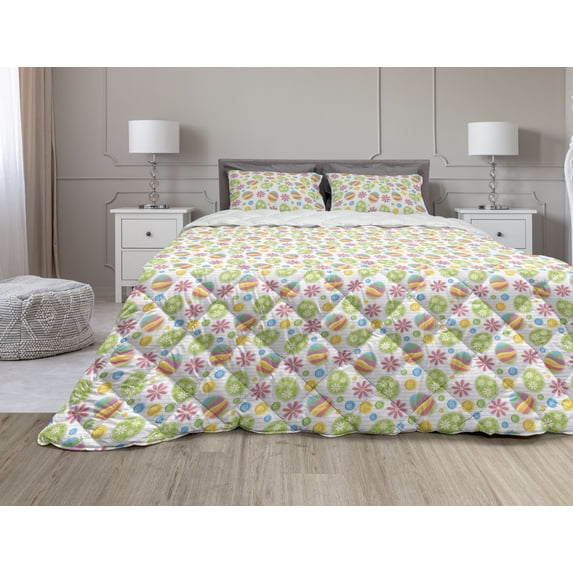 Easter Comforter & Sham Bedding Set, Patchwork Style Graphic Scrapbook Pattern with Daisy Sewing Buttons and Egg, 3 pcs Duvet Set Microfiber Filling Quilt, 5 Sizes, Multicolor, by Ambesonne