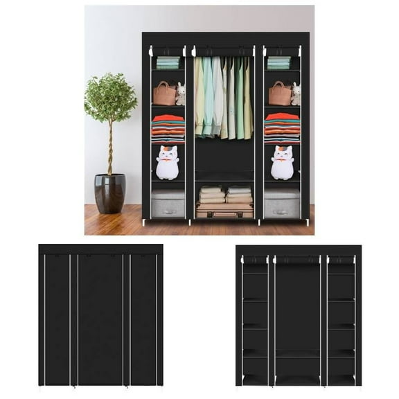 Portable Wall-Mounted Wardrobe Closet - Hanging Rods & Shelves Organizer, Black Space-Saving for Apartments