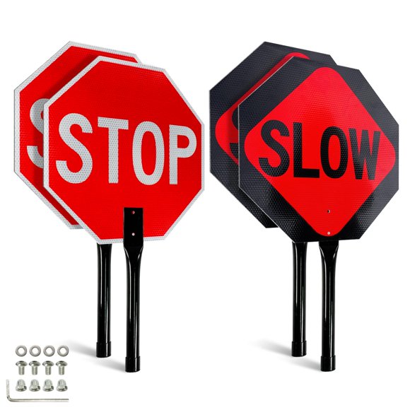 Faittoo Stop Slow Sign with Metal Handle, 2-Pack 18" x 18" Double Sided Engineer Grade Aluminum Sign, Reflective,Sturdy, Easy to Assemble