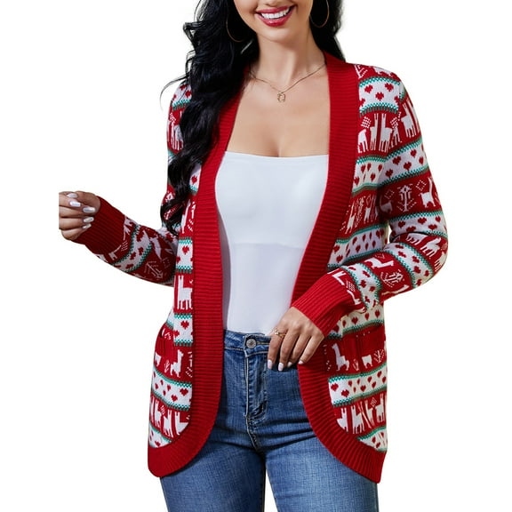 Yesfashion Womens Christmas Ugly Sweater Cardigan Long Sleeve Open Front Casual Lightweight Chunky Knit Jackets