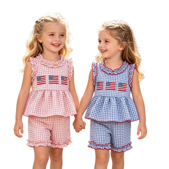 Tisuna Girls Patriotic Outfit Set For Toddler Kids USA Flag Plaid Print Sleeveless Crew Neck Tops And Shorts Set Soft Girls 4th Of July Daily Wear Blue Size 6-12 Months