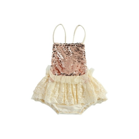 

TheFound Newborn Baby Girls Princess Bodysuits Sequined Lace Patchwork Sleeveless Belt Backless Jumpsuit