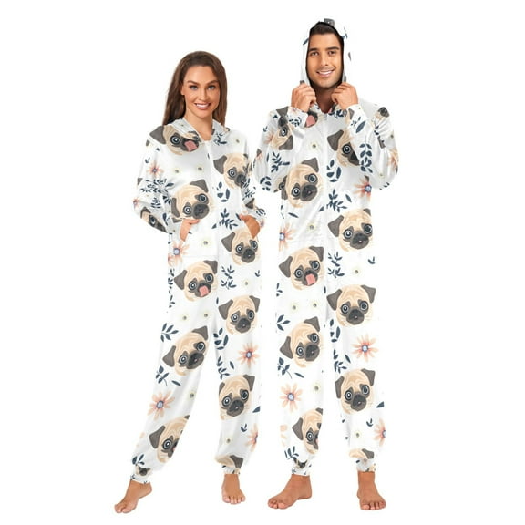 Adult Christmas Onesie Pug Adult Zipper One-Piece Pajamas Unisex Pajamas with Pockets