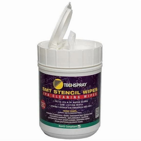 Techspray IPA Cleaning Wipes,Flip Top Tub,PK100 1608-100FL