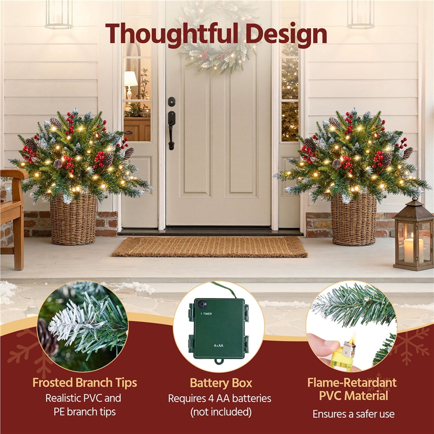 Alden Design Set of 2 Pre-Lit Outdoor Frosted Christmas Trees with LED Lights, Red Berries, Pinecones, Artificial Christmas Trees for Porch, Yard, Green
