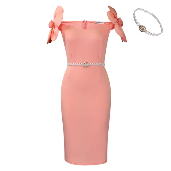 AURA Plus Size Elegant V Neck 3D Flower Banquet Midi Dress High Waist Bodycon African Party Dress with Belt