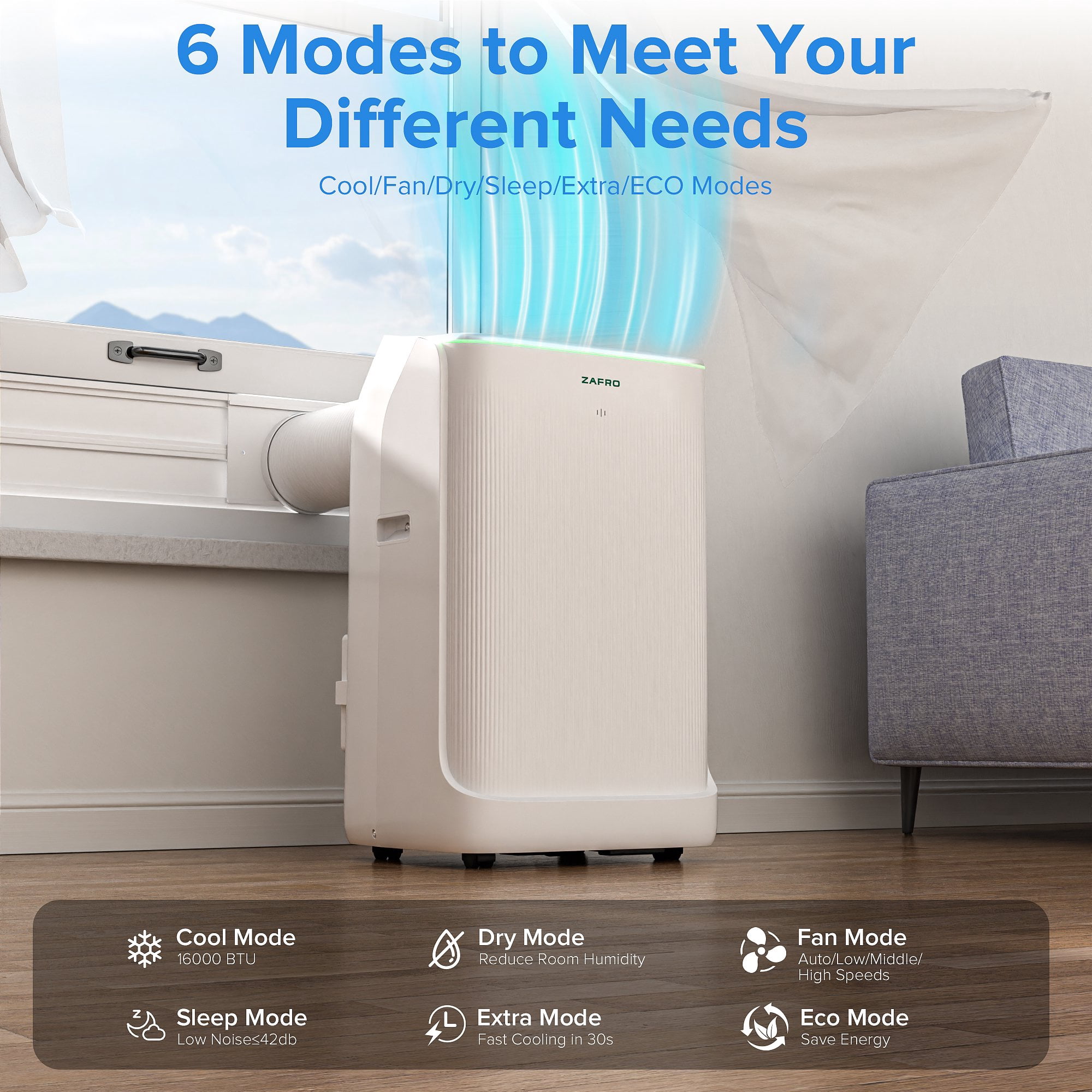Zafro 16,000 BTU (12,000 BTU SACC) portable air conditioner with Remove Conrol & Wifi ,42dB ultra-quiet Cools up to 600 sq.ft