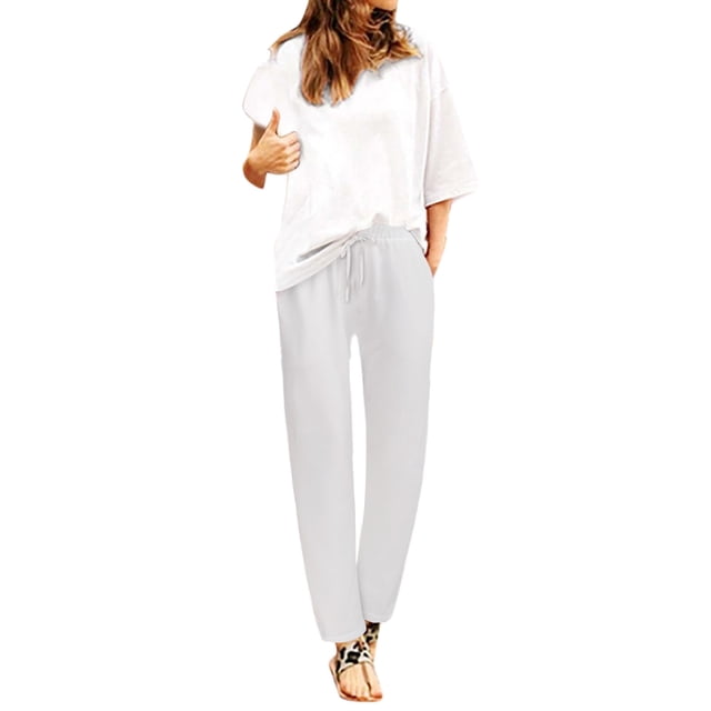 Gibobby pantalones termicos mujer Pantalón de cintura elástica para mujer con bolsillo Pantalón suelto Pantalones de color sólido (Blanco, XL)