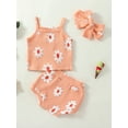 thumbnail image 2 of Arvbitana Baby Girls Knitted Shorts Set Sleeveless Sling Vest + Floral Shorts + Bow Headband Summer Casual Princess Playwear 3Pcs 0-24M, 2 of 9