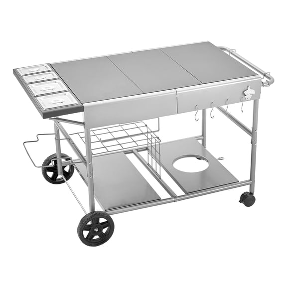 KFFKFF Outdoor Grill Cart with 36.4 x 23.4 x 1 inch Tabletop, Portable Cooking Table Featuring Spice Holders, Wheels, Lids, and Hooks for BBQ, Picnics, Kitchens, and Courtyards
