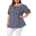 thumbnail image 4 of Agnes Orinda Women's Plus Size Floral Tops Tie Front Scoop Neck Short Sleeve Ruffle Cuff Summer Casual Blouses 1X Dark Blue, 4 of 6