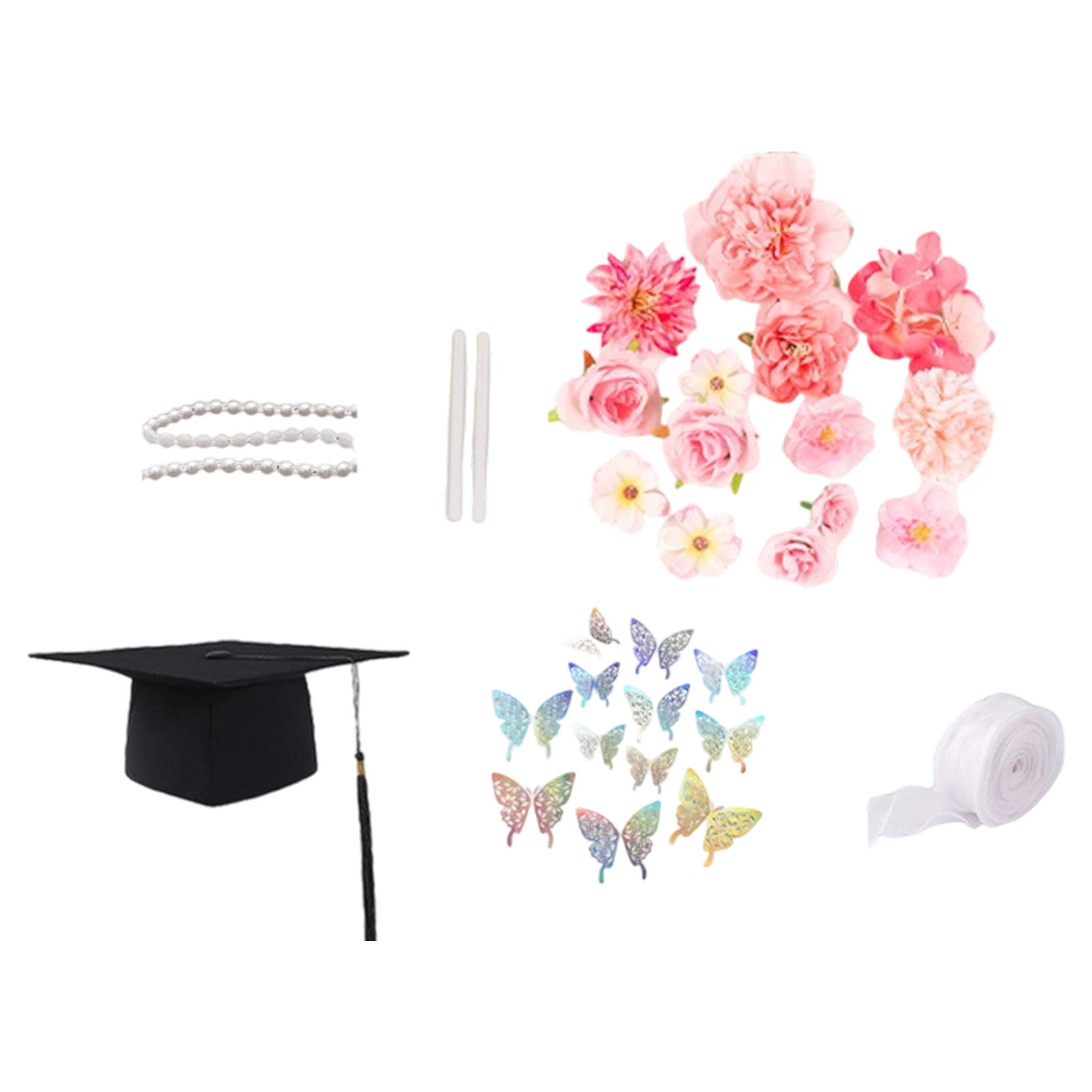 Graduation Hat Top Decoration Set With Butterfly Sticker Artificial Flower Pearls Chain For Art Craft Project