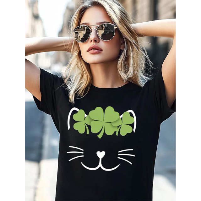 Women'S St. Patrick'S Day Cat Clover Graphic T-Shirt, Lucky Shamrock Short Sleeve Tee, Cute Casual Crew Neck Top
