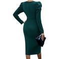 thumbnail image 3 of Dress for Women Round Neck Solid Color Side Split Bodycon Cocktail Long Sleeve Party Midi Dress Dark Green L, 3 of 7