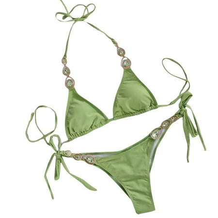 JIANJIA Womens Swimsuits Solid Color Lace Up Halter Sexy Brassiere With Thongs Swimsuit Two Piece Bikinis Swimwears Activewear Green S