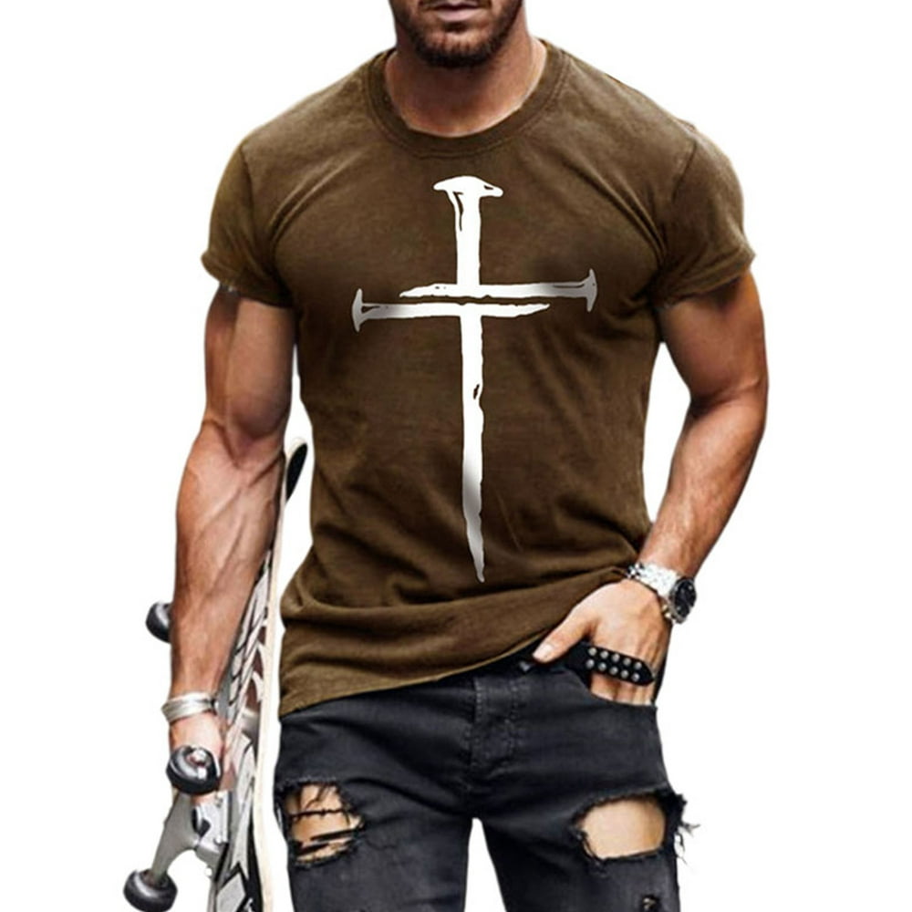 UKAP UKAP Men's Short Sleeve Shirts Crewneck Cross Printed Casual