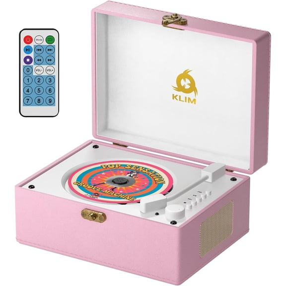 Restored KLIM Retro CD Player Vintage Style with Speakers, Bluetooth, AUX, USB, Rechargeable Battery, Mini Record Player Music Box look, Pink (Refurbished)