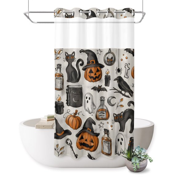 No Hook Shower Curtain, Halloween Shower Curtains for Bathroom with See Through Top Window, Pumpkins Cat Orange Black Waterproof & Washable Bath Curtain Small Stall 36"x78"