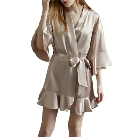 KelaJuan Women s Satin Robes 3/4 Sleeve Ruffle Hem Kimono Robe Silk Bridesmaid Robe Lingerie Sleepwear