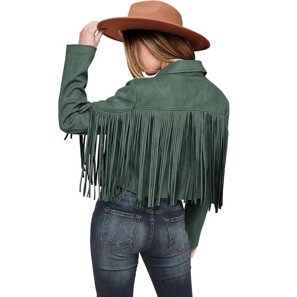 Abrigo PRETTYGARDEN para Mujer de Ante Sintético con Flecos, Corto, Verde, Talla L