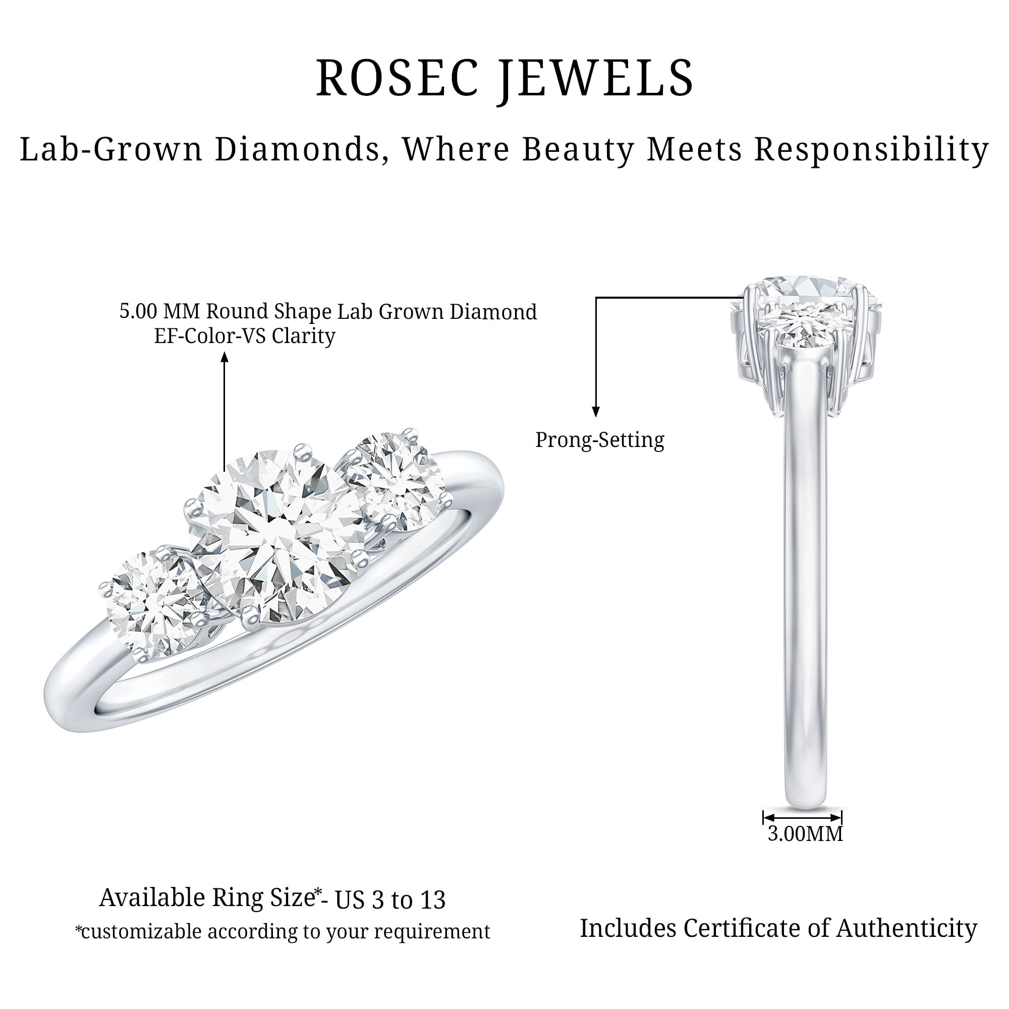 Rosec Jewels Lab Diamond 3 Stone Engagement Ring for Women - Past Present Future Ring - EF-VS Grade, 10K White Gold, US 4.50