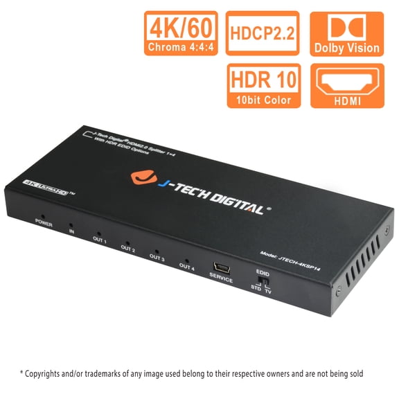HDMI Splitter 1 in 4 Out 18Gbps 4K@60Hz HDR10, Dolby Vision by J-Tech Digital HDMI 2.0b, HDCP 2.2 Compliant with Smart EDID Control, Supports 3D and VESA Video formats [JTECH-4KSP14]