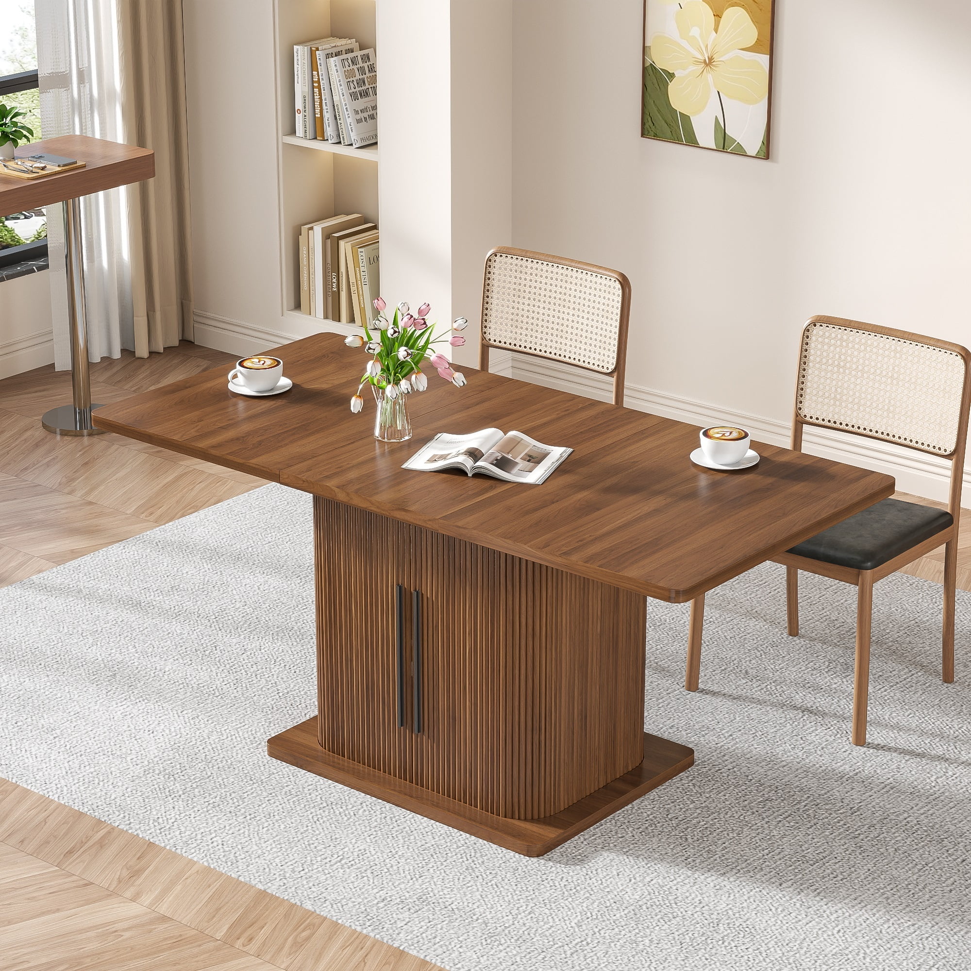 Extendable Dining Table, Rectangle Kitchen Table with Storage Shelf, Modern Dining Room Table, Living Room, Office, Walnut