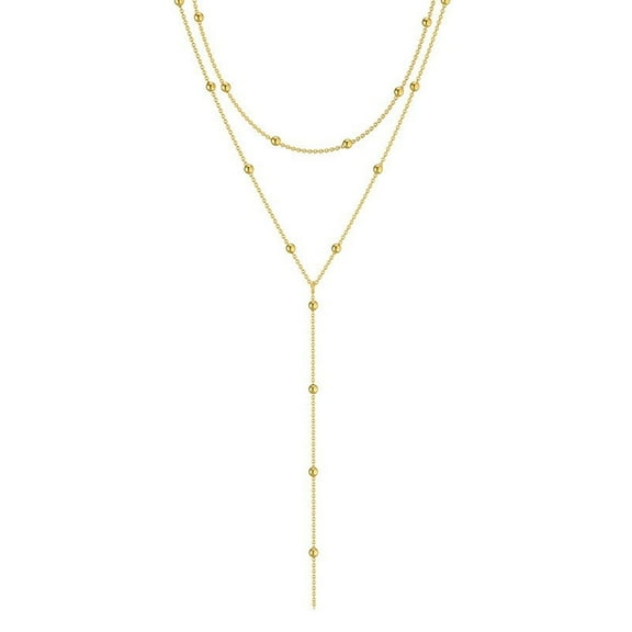 ZSPERKLA 14K Gold Plated Dainty Y-Shaped Necklace for Women Trendy Layered Beaded Chain Drop Necklaces Jewelry Gift for Her