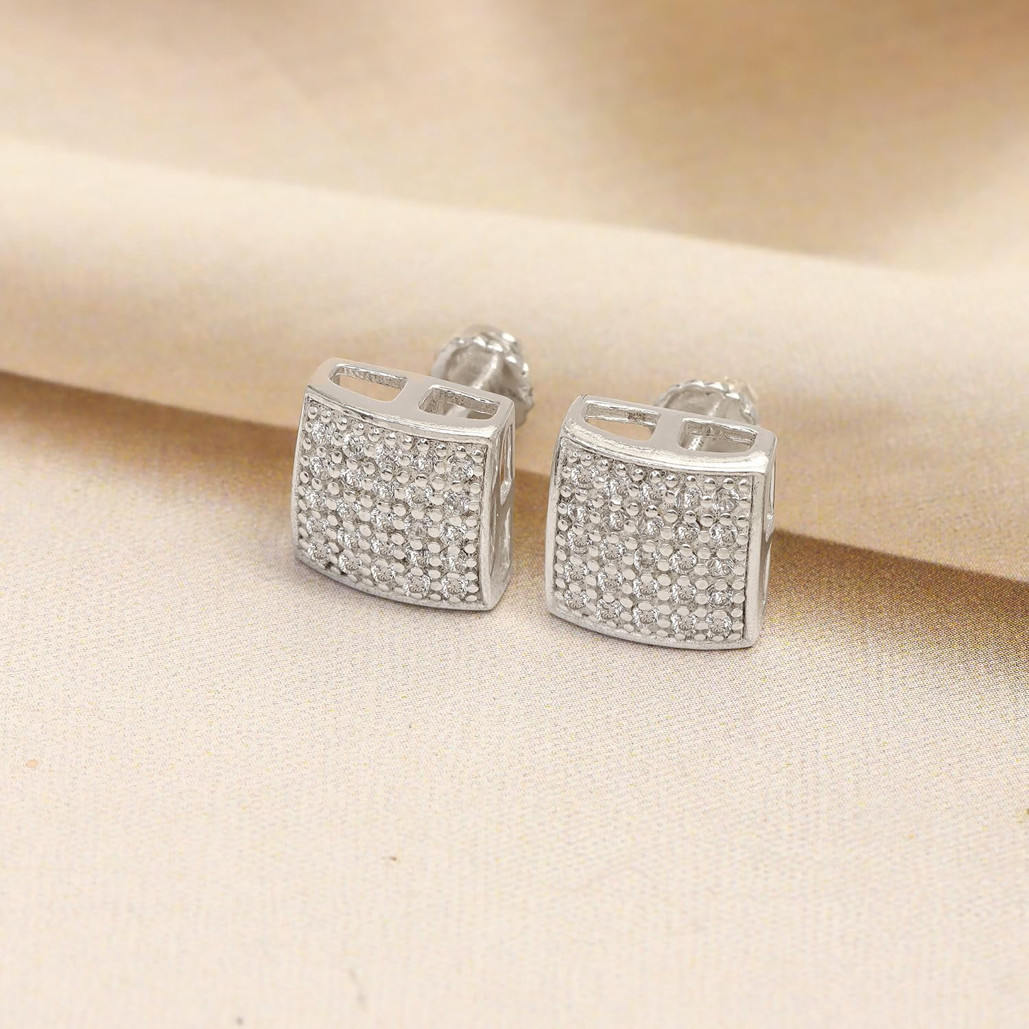 LeCalla 925 Sterling Silver Stud Earring | Classic Micro Pave Cubic Zirconia Studs | Square Earrings for Men's 13 MM