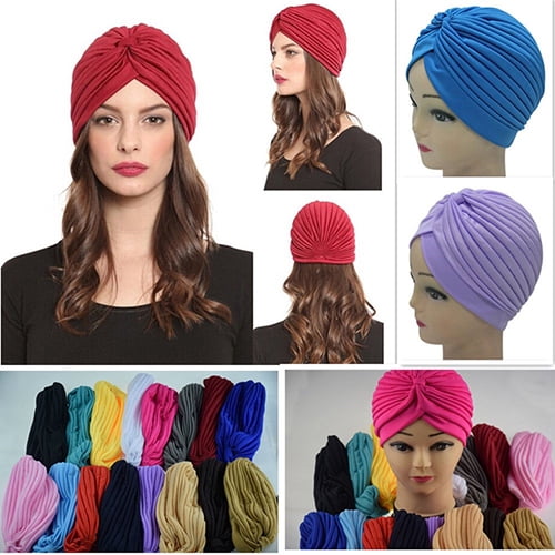 Lady Stretchy Turban Head Wrap Band Chemo Bandana Hijab Pleated Indian Cap Hat 